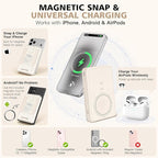 5-in-1 Magnetic Wireless Power Bank, 5000mAh Portable Charger with LED Mirror, Phone Stand, Card Holder & Bluetooth Remote, 20W Fast Charging for iPhone & Android, Travel Essential for Women, Khaki
