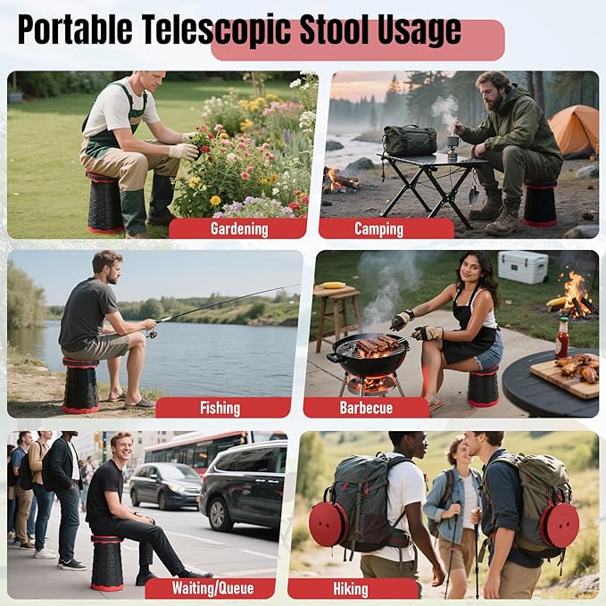 Doseno Upgraded Foldable Stool Thickened Set of 2, Portable Collapsible Stool Retractable Stool, Foldable Portable Collapsible Chair for Fishing, Hiking Tours, BBQ, Parties, Outdoor Activities (Red)