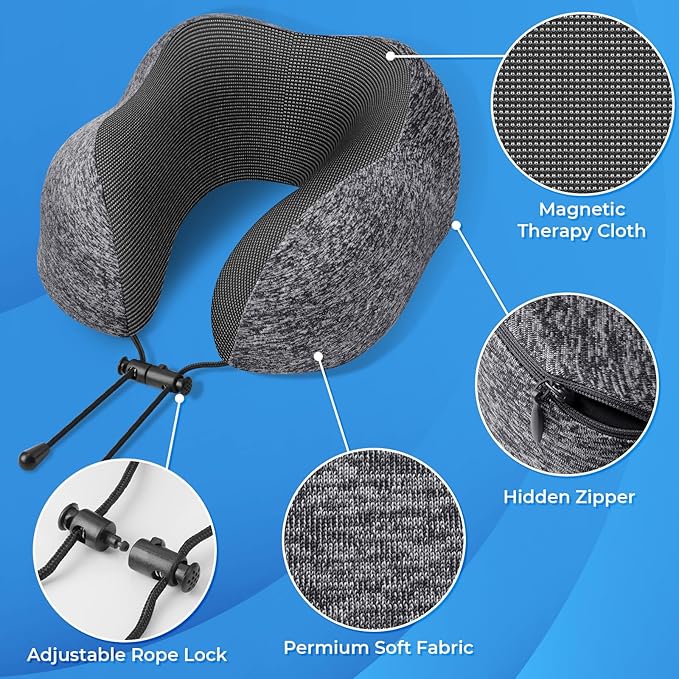 ExploreBliss Travel Pillow, 2 Pack Travel Pillows for Sleeping Airplane, Neck Pillow Airplane, Memory Foam Neck Pillow Set with Eye Mask, Earplugs and Storage Bag -Grey & Blue
