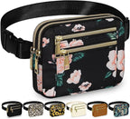 Capolo Fanny Packs for Women Fashion Waist Packs Bag with Adjustable Strap and 4 Zipper Pockets Waterproof Everywhere Crossbody Belt Bag for Workout Running Travelling(Black Flower, Large)