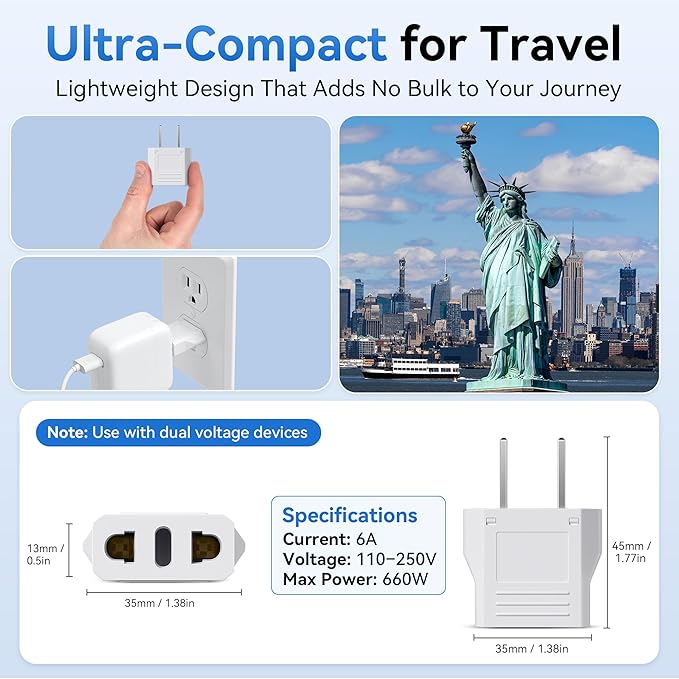 Unidapt 10-Pack EU Europe to US Plug Adapter, Type A Outlet, European to American, Canada, Mexico Wall Plug Adapters, White