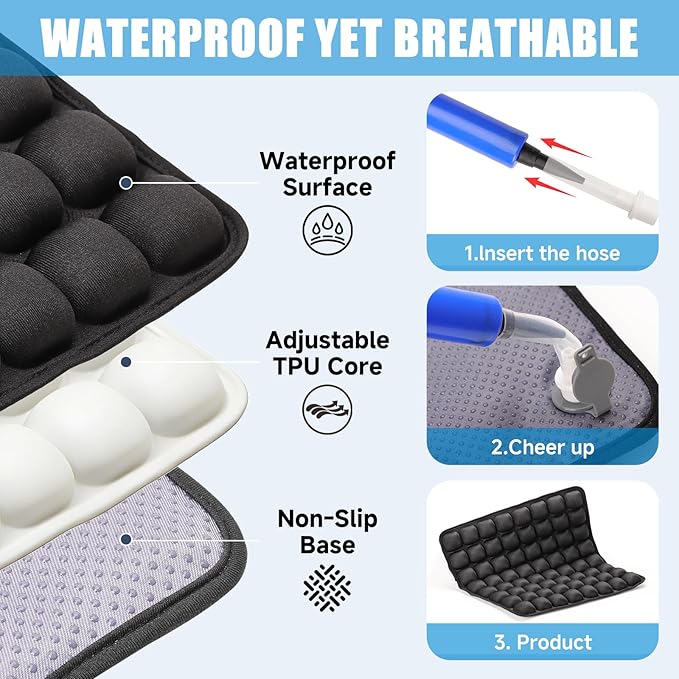 Travel Cushion - 3D Inflatable Pressure Relief Airplane Seat Cushion for Long Flights, Sciatica & Tailbone Pain Relief, Portable Foldable for Car, Office, Wheelchair