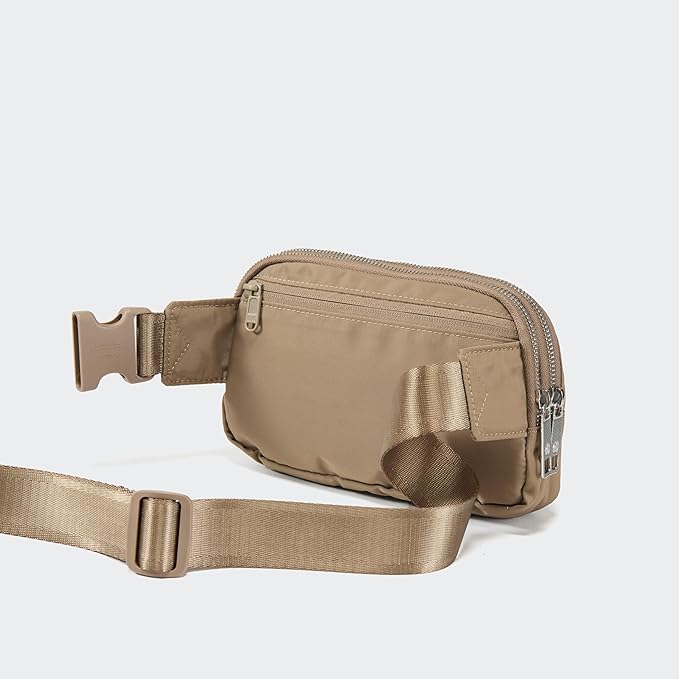 Pander Everywhere Belt Bag for Women, 5 Zipper Pockets Nylon Crossbody Fanny Pack Purse (Gray Brown)