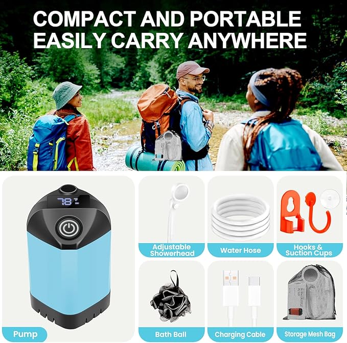 B013 Portable Shower Pump for Camping – 7800mAh Long-Lasting & Quiet Outdoor Shower with LED Display, IPX8 Waterproof Outdoor Shower for Pet Bath, Car Wash & RV