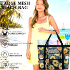 Fammart Mesh Beach Bag, Large Beach Tote with Zipper Pocket, Toys Pool Bag for Family Travel Vacation Cruise Essentials