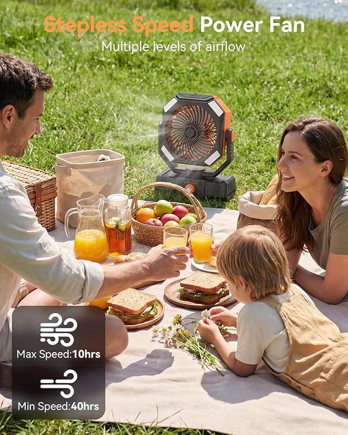 USONE Misting Fan, Portable Camping Fan Rechargeable, Battery Powered Fan for Camping with Light, Remote & Timer, Hanging Tent Fan with Hook for Outdoor fishing, Travel, Work/Summer Essential