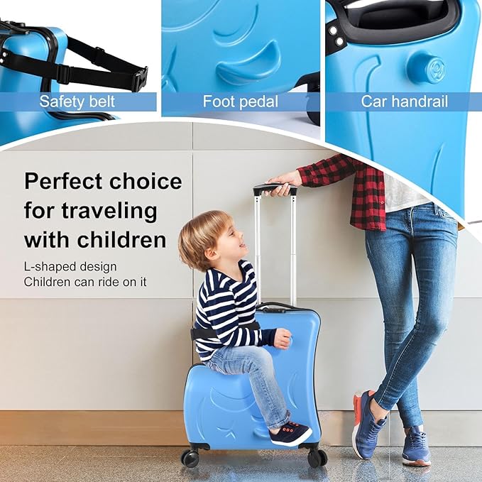 24 Inch Kid Ride Suitcase, Kid Luggage Seat Ride With Lock - Kids Travel Trolley With Safety Belt, Kids Luggage With Wheels Child Stroller Spinner Luggages, ABS+PC (Blue, 6-12 Years)