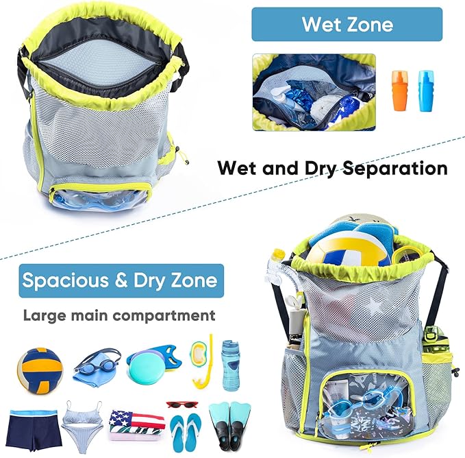 Mesh Drawstring Backpack with Shoe Compartment, Sandproof Beach Swim Bag with Wet Pocket, Pool Gym Shower Bag for Travel Summer Camp