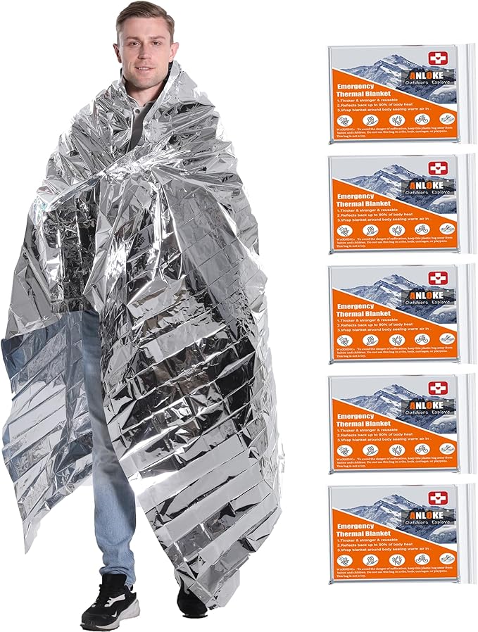 ANLOKE Emergency Blankets Mylar Thermal Blanket-(5 Pack) of Gigantic Space Blanket 82 * 64 in. Survival Blankets Heavy Duty Camping Gear,First Aid…