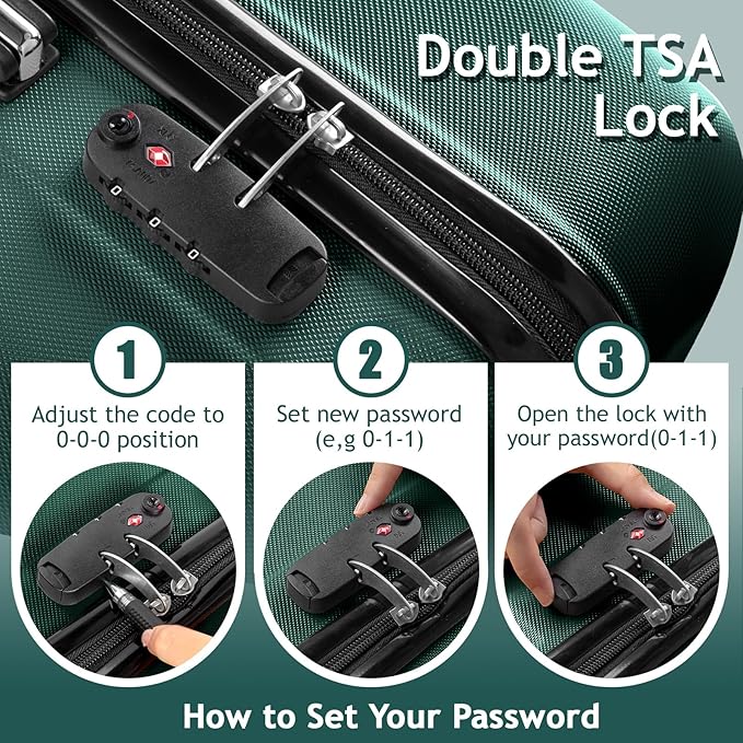 3 Piece Luggage Sets, Lightweight ABS Suitcase with 4 Spinner Wheels ＆ TSA Locks, Hardside Carry On Luggage Durable Suitcase Set for Family Travel Business - Dark Green, 20/24/28