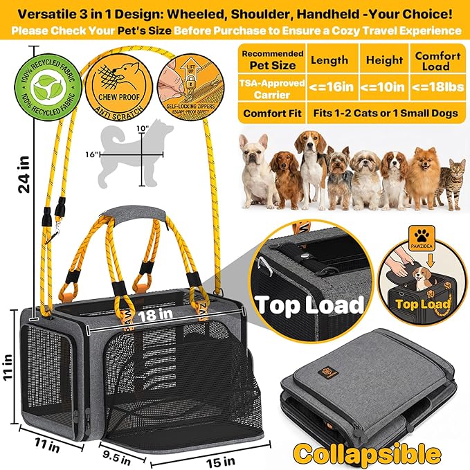 PAWZIDEA Expandable Pet Carrier Airline Approved, 18"×11"×11" Small Dog Carriers, Collapsible Top-Load Cat Carrier for 2 Cats Under Seat, Soft-Sided Puppy & Animal Travel Bag, ID Card, Up to 15lbs