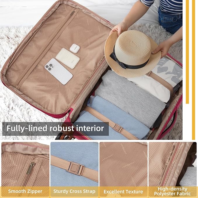 Softsied Suitcases 4 Piece Luggage, Polyester with Spinner Wheels and Lock, Suitable for Carrying Around and for Travel, Unisex, Rose Red