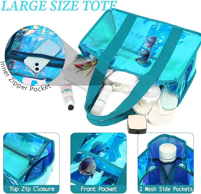 Fammart Iridescent Clear Beach Bag for Women, Jelly Tote Bag Waterproof Sandproof Pool Bag Cruise Vacation Essentials