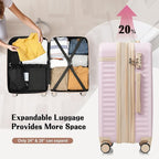 Merax 3 Piece Luggage Set ABS Hardside Suitcase Sets with Spinner Wheels and TSA Lock, 20 inch with Front Opening Design and USB Port, 20" Airline Certified Carry-on Luggage, 20" 24" 28", Light Pink