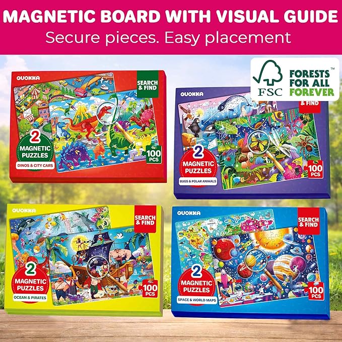 QUOKKA Magnetic Puzzles for Kids Ages 4-6 – 100 PCS Magnetic Puzzle Book for Toddlers 3-5 – 2 Puzzles & 2 Spot The Difference Maps – Search & Find Travel Games – Space, World Map Toddler Travel Toys
