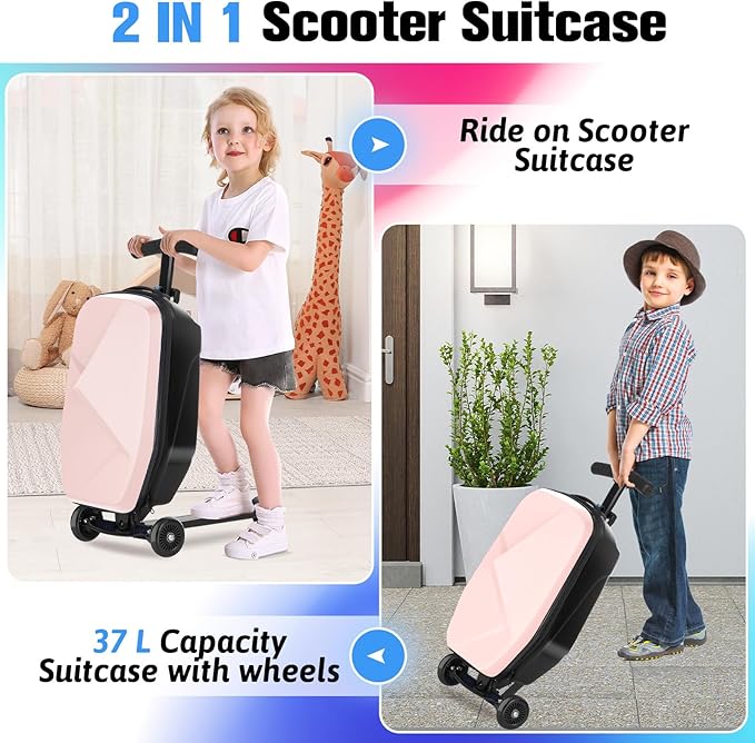 Scooter Luggage For Kids & Adults， Hardside Ride On Suitcase For Kids Ages 4-15 Multifunctional Lightweight Foldable Carry On Luggage With Wheels Ride On For Children Teenagers (Light Pink, 20")