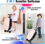 Scooter Luggage For Kids & Adults， Hardside Ride On Suitcase For Kids Ages 4-15 Multifunctional Lightweight Foldable Carry On Luggage With Wheels Ride On For Children Teenagers (Light Pink, 20")