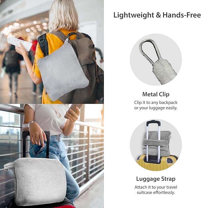DEZ FURNISHINGS 4-in-1 Travel Compact Blanket Pillow Super Soft Velvet with Luggage Sleeve and Backpack Clip, Gray, 60" W x 45" H