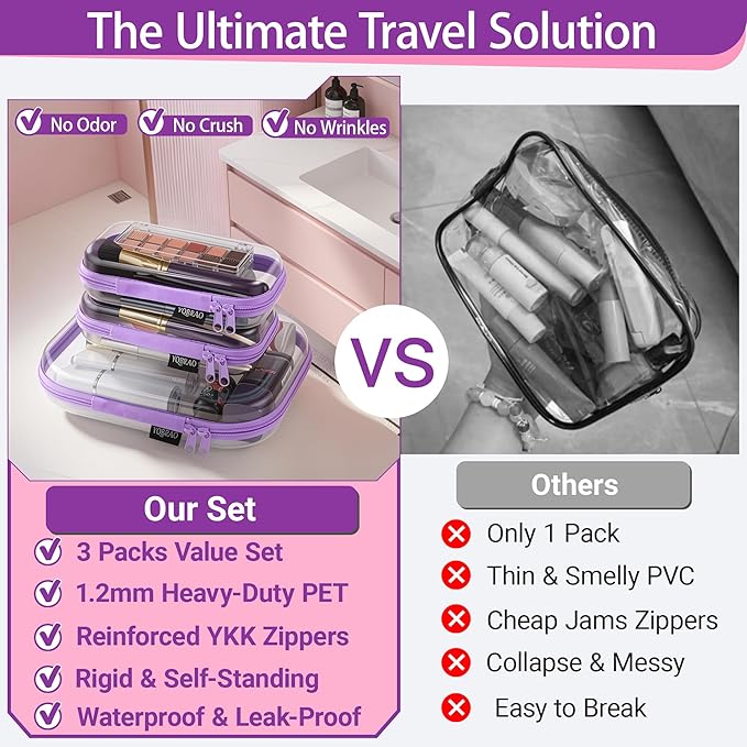 YQBRAO 3-Pack Clear Hard Shell Zipper Case - Purple Edition, 1.2mm Heavy-Duty Crush-Proof Travel Makeup Bag, TSA Approved Clear Zipper Pouches, Rigid Diaper Bag Organizer for Tech & Daily Essentials