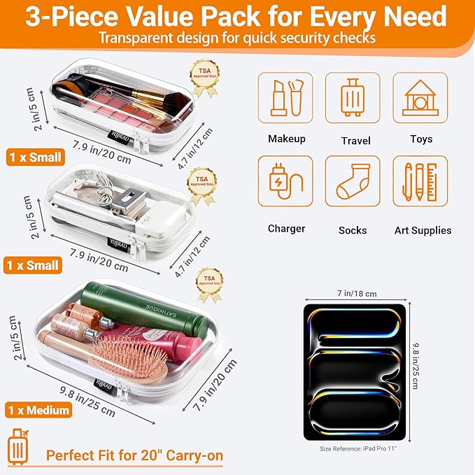 YQBRAO 3-Pack Clear Hard Shell Zipper Case, 1.2mm Heavy-Duty Crush-Proof Travel Makeup Bag, TSA Approved Clear Zipper Pouches, Rigid Toiletry & Diaper Bag Organizer for Toys, Tech & Art Supplies