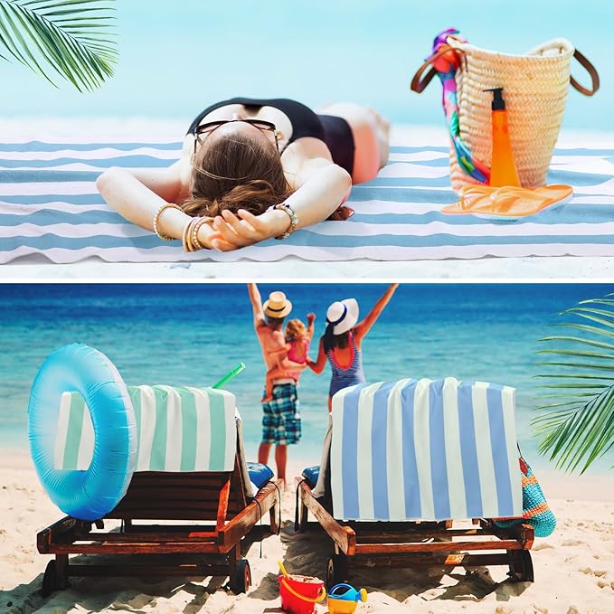 EBOOT 10 Pack Oversized Beach Towel Set Extra Large Pool Towels Microfiber Quick Dry Swim Blanket for Adult Women Men Face Hand Body Bath Travel Pool(Plain Color,36 x 72 Inch,Cabana Stripe)