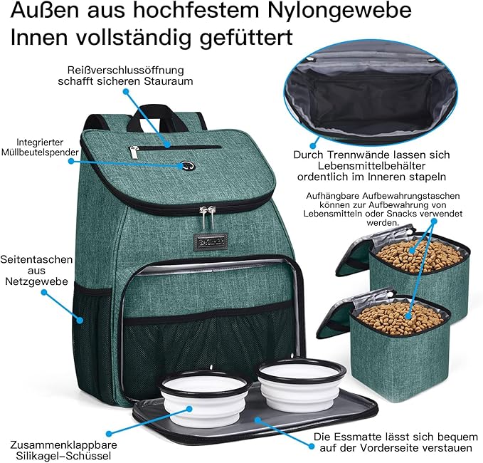 BAGLHER丨Dog Travel Bag, Airline Approved Pet Supplies Backpack, Dog Travel Backpack Accessories Set with 2 Silicone Collapsible Bowls and 2 Food Baskets. Green