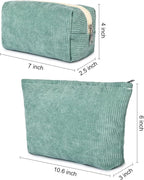SOIDRAM 2 Pieces Makeup Bag Large Corduroy Cosmetic Bag Capacity Canvas Mix Travel Toiletry Bag Organizer Cute Makeup Brushes Aesthetic Accessories Storage Bag for Women, Corduroy Mix Green