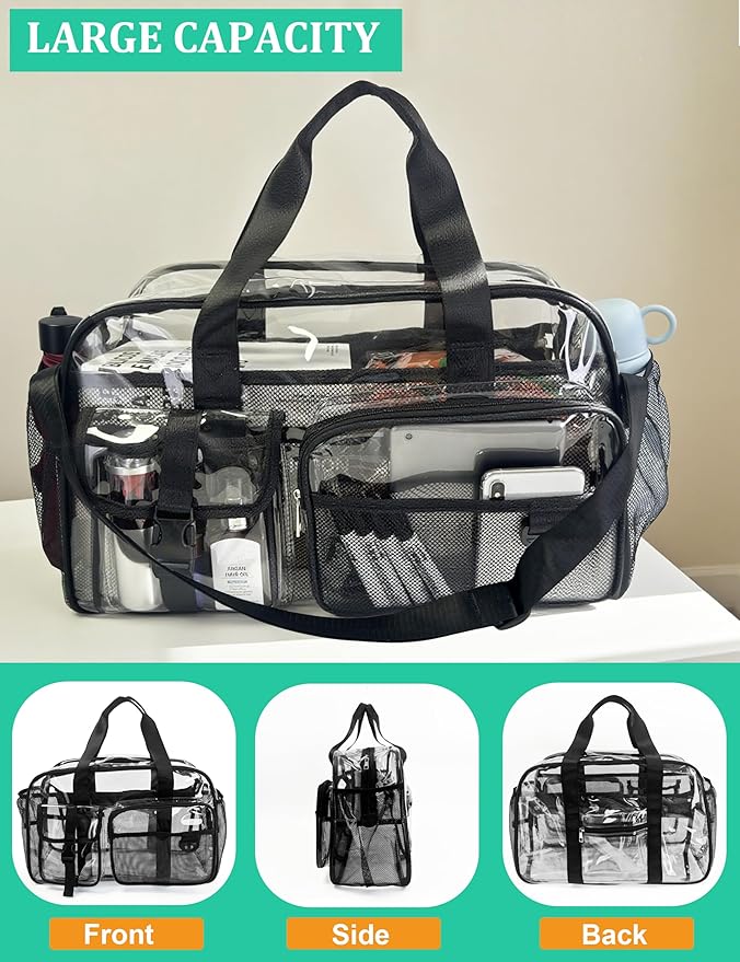 Large Clear Tote Bag 20” for Duffle with 10 Pockets, Clear Beach Gym Crossbody Bag, Big Transparent See Through Bags for Travel Work