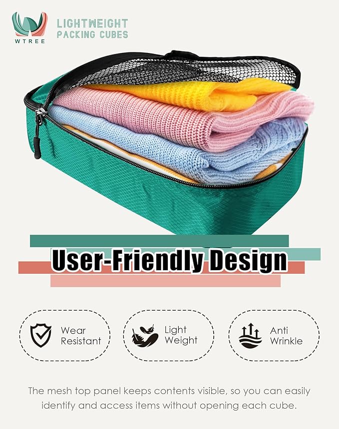 WTREE 4-Piece Packing Cubes Travel Accessories Set for Suitcases - Luggage Organizer Bags with Double Zipper - Mesh Top - Medium - Green