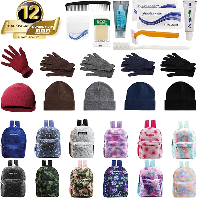 Moda West Bulk Case of 12 Backpacks, 12 Winter Item Sets, 12 Hygiene Kits - Hygiene Kits and Clothing for Emergencies, Homeless, Charity