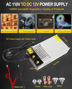 New Version 110V AC to 12V DC Converter 12V Power Supply, Universal SMPS Transformer for RV, Pump, LED Strip, CCTV, Car Stereo,Diesel Heater (1200W Power Supply)