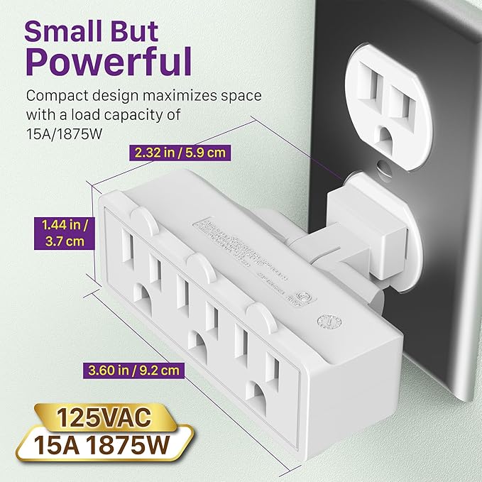 Fosmon 3 Outlet Adapter, Swivel Outlet Plug Three Way Rotating 180 Degree Right Angle Adapter Plug, Electric Wall Extender Indoor, 3-Prong, Grounded- 4 Pack