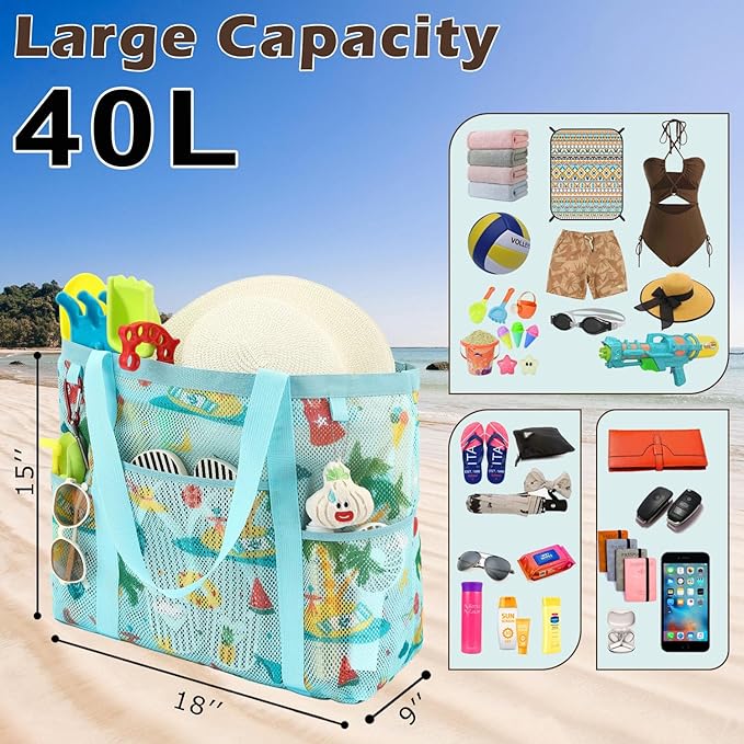 Fammart Mesh Beach Bag with Zipper, Large Beach Tote for Women, Toys Pool Swim Bag Travel Vacation Cruise Essentials