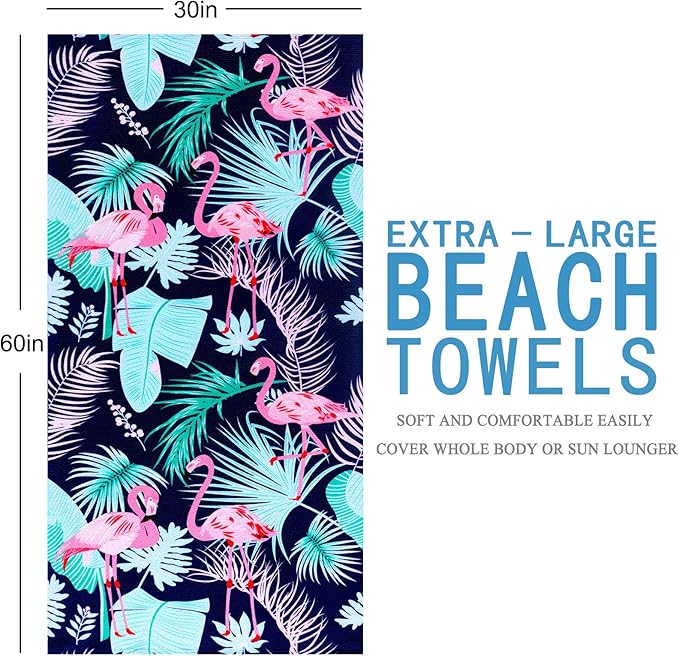 Oversized Terry Beach Towel 36 x 72 in Soft Extra Large XL Pool Swimming Towels Clearance for Adults Blanket Travel Essentials Cruise Accessories Must Haves Vacation Stuff Lounge Chair Cover Flamingo