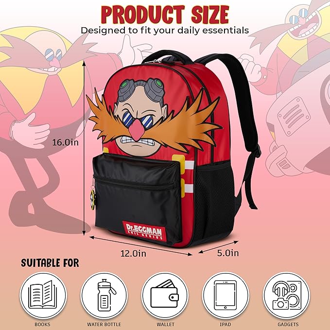 AI ACCESSORY INNOVATIONS Sonic The Hedgehog Backpack for Boys & Girls, Dr. Eggman Big Face 16 Inch Schoolbag with Dr. Eggman Rubber Molded Dangle