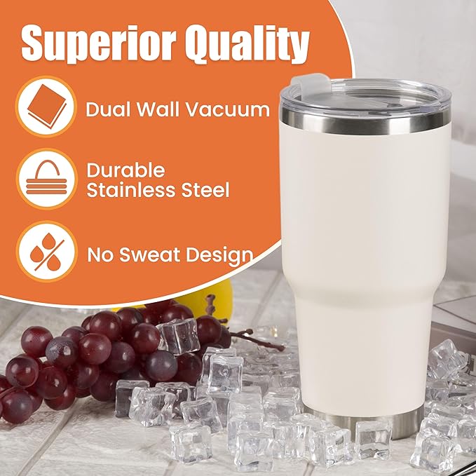 D·S 30oz Cream Tumbler Stainless Steel Insulated Travel Mug with Straw Lid Cleaning Brush (30oz Cream)