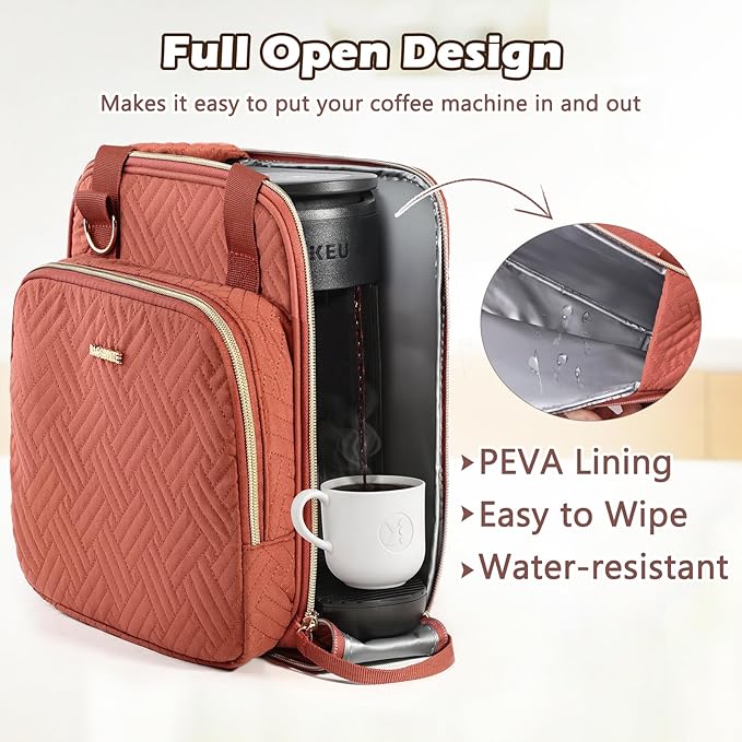 BAGSPRITE Coffee Maker Travel Bag Compatible with Keurig K-Mini Mate, Full Open Carrying Case with Quilted Padded Soft Microfiber, K--Cup Single Serve Coffee Maker Bag with Pod Organizer, Mug Pockets