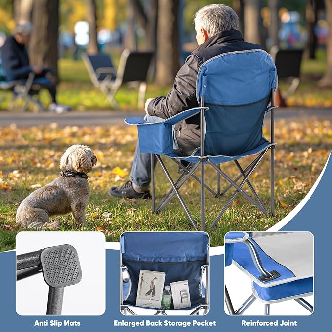 NEWBULIG Oversized Folding Camping Chair for Adults, Portable Outdoor Collapsible Chairs, 500 LBS Heavy Duty Support, with Cup Holders, for Lawn, Fishing, Hiking, Blue