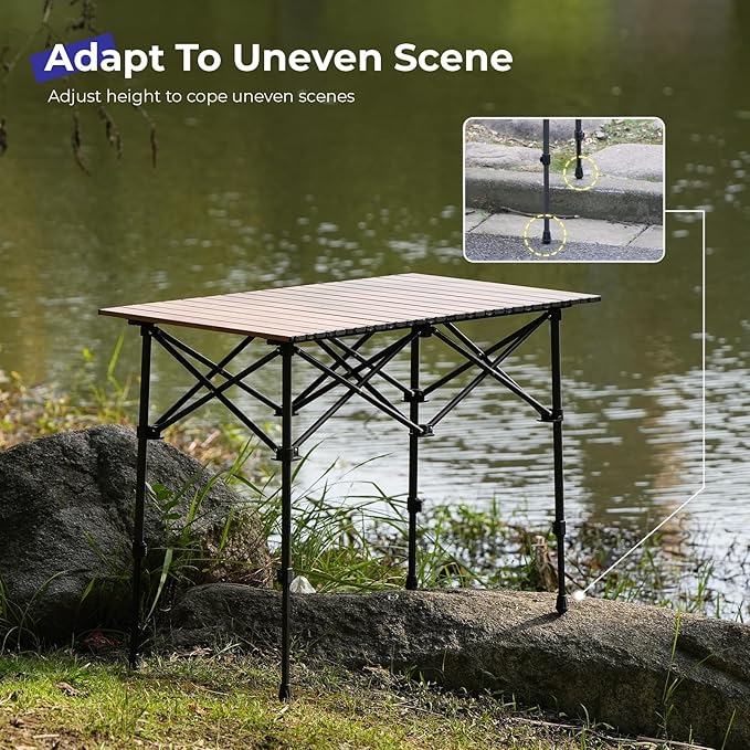 Byliable Camping Table Folding Portable Camp Aluminum Fold Up Lightweight Roll Up Table Adjustable Height with Carry Bag Indoor Outdoor for Camping, Picnic, Backyard, BBQ, Patio, Wood Grain