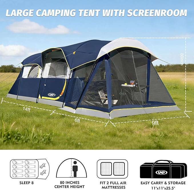 UNP Camping Tent 8 Person Waterproof Big Tunnel Tent with Screen Porch,Family Outdoor Large Tents for Camping 20' x 9' x 80in(H)