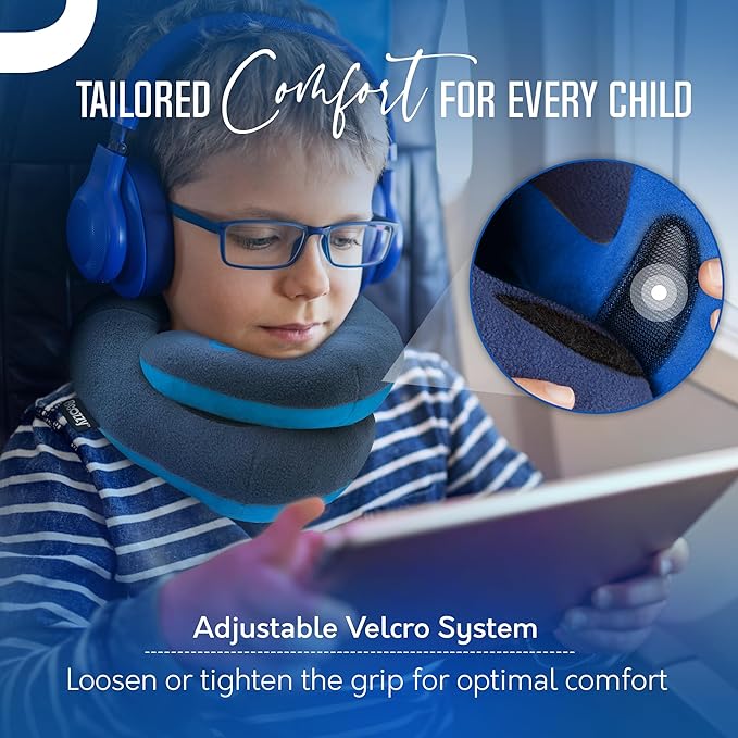 BCOZZY Kids Chin Supporting Travel Pillow for Ages 8–12- Patented Soft Neck Pillow for Head and Chin Support in Car Seat and Airplane. Comfortable Travel Essential. Medium Size, Bag, Light Blue