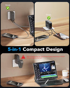 65W for MacBook Pro Charger,5-in-1 Retractable Wall Charger Plug for iPhone 17, Dual 3.94 ft PD USB C Cable&3 Ports, Fast Charging Block for Mac Book Pro/Air, M1 M2 M3 M4 M5, iPad Pro,Galaxy,Pixel