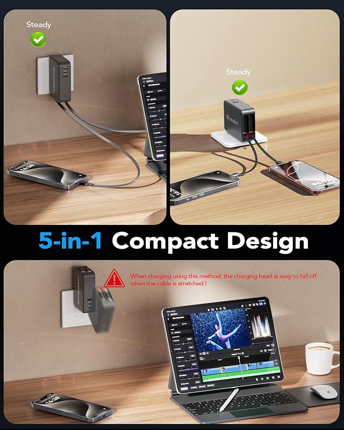 65W for MacBook Pro Charger,5-in-1 Retractable Wall Charger Plug for iPhone 17, Dual 3.94 ft PD USB C Cable&3 Ports, Fast Charging Block for Mac Book Pro/Air, M1 M2 M3 M4 M5, iPad Pro,Galaxy,Pixel