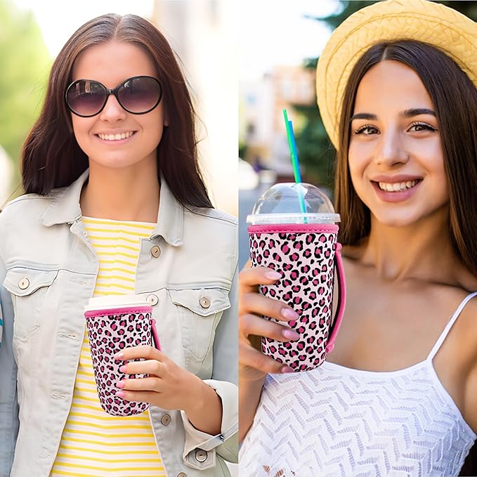 KJQJLY 3 Pack Reusable Iced Coffee Sleeves for Iced Coffee Cups or Drinks Reusable Neoprene Insulated Sleeves for Hot and Cold Drinks from Starbucks, Dunkin, And More (pink leopard print)