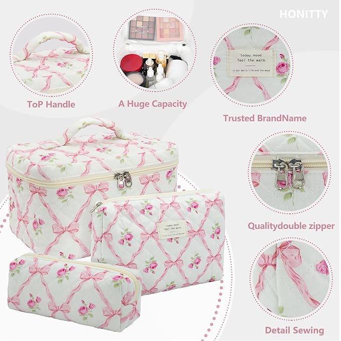 honitty Makeup Bag,Quilted Cosmetic Bag,Large Floral Make Up Bag for Women,Cotton Makeup Bag Set,Flower Travel Toiletry Bag