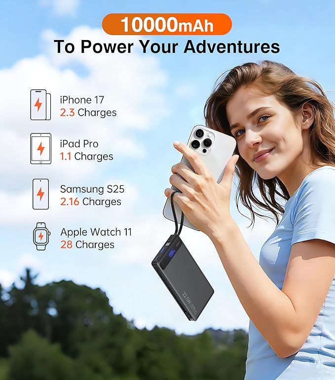 Power Bank with 2 Built-in Cables 10000mAh, 22.5W PD Slim Portable Charger USB C Battery Pack, Travel Essentials Fast Charging Powerbank Compatible with iPhone 17 16 15 Plus Pro Samsung iPad (1 Pack)