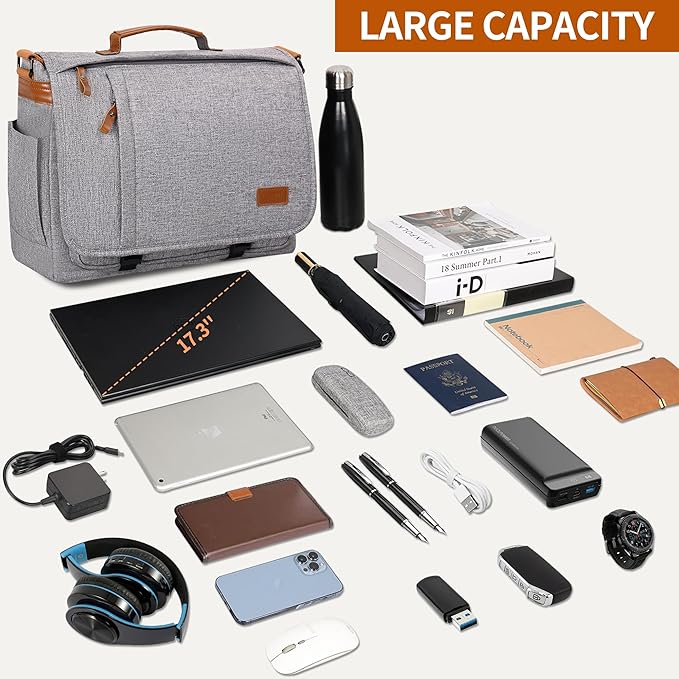 ESTARER Messenger Bag 17-17.3 Inch, Men's Computer Bag Water-resistant Canvas, Laptop Shoulder Bag for Travel Work College, Light Grey