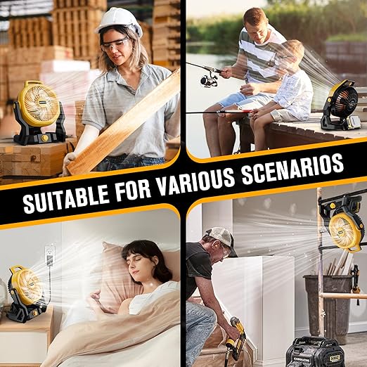HEINPRO Battery Powered Fan Compatible with Dewalt 20V Max Battery with AC Adapter (No Battery) Up to 650CFM, Variable Speed, Low Noise 30dB, Portable Cordless Fan for Camping, Jobsite