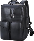 TIDING 17.3" Leather Laptop Backpack for Men Multi Pockets Casual Daypack Business Travel Rucksack, Black