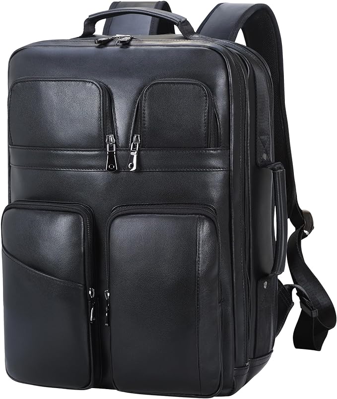 TIDING 17.3" Leather Laptop Backpack for Men Multi Pockets Casual Daypack Business Travel Rucksack, Black